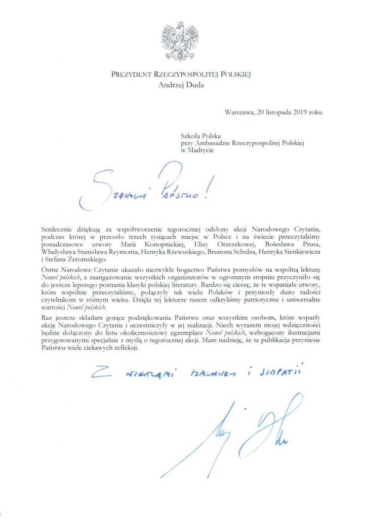 Podziękowanie dla naszej Szkoły od Prezydenta Rzeczypospolitej Polskiej