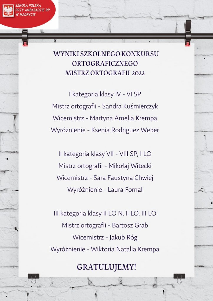 Wyniki konkursu ,,Szkolny Mistrz ortografii 2022″