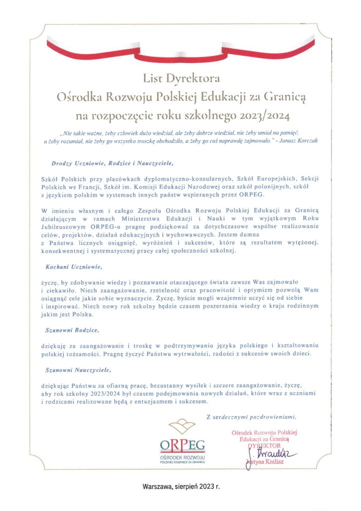 LIst Dyrektor ORPEG z okazji rozpoczęcia roku szkolnego 2023/2024