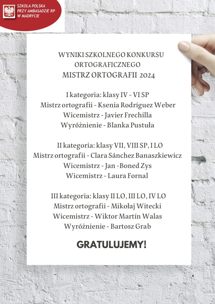 Wyniki konkursu ,,Mistrz ortografii” 2024