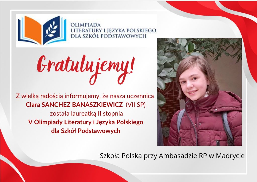 Clara Sanchez Banaszkiewicz – laureatką V Olimpiady Literatury i Języka Polskiego dla SP
